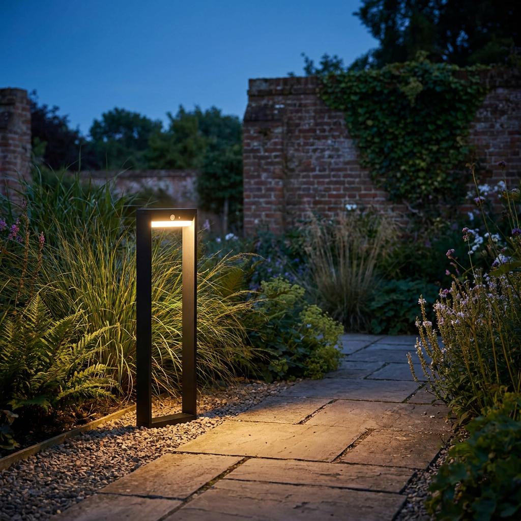 A modern black rectangular solar bollard light illuminating a stone garden path at dusk.