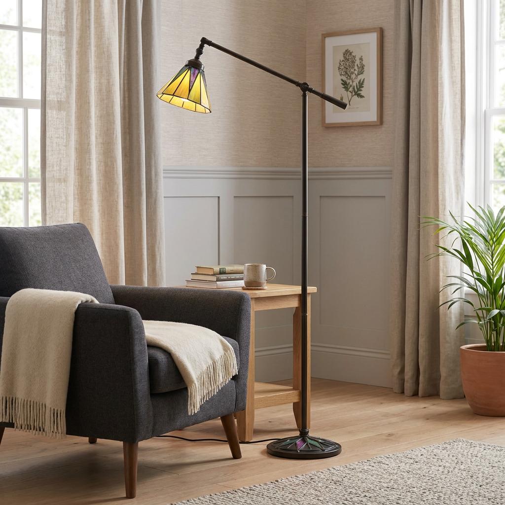 Dark Star task floor lamp with a yellow Tiffany glass shade next to a grey armchair in a neutral-toned living room.