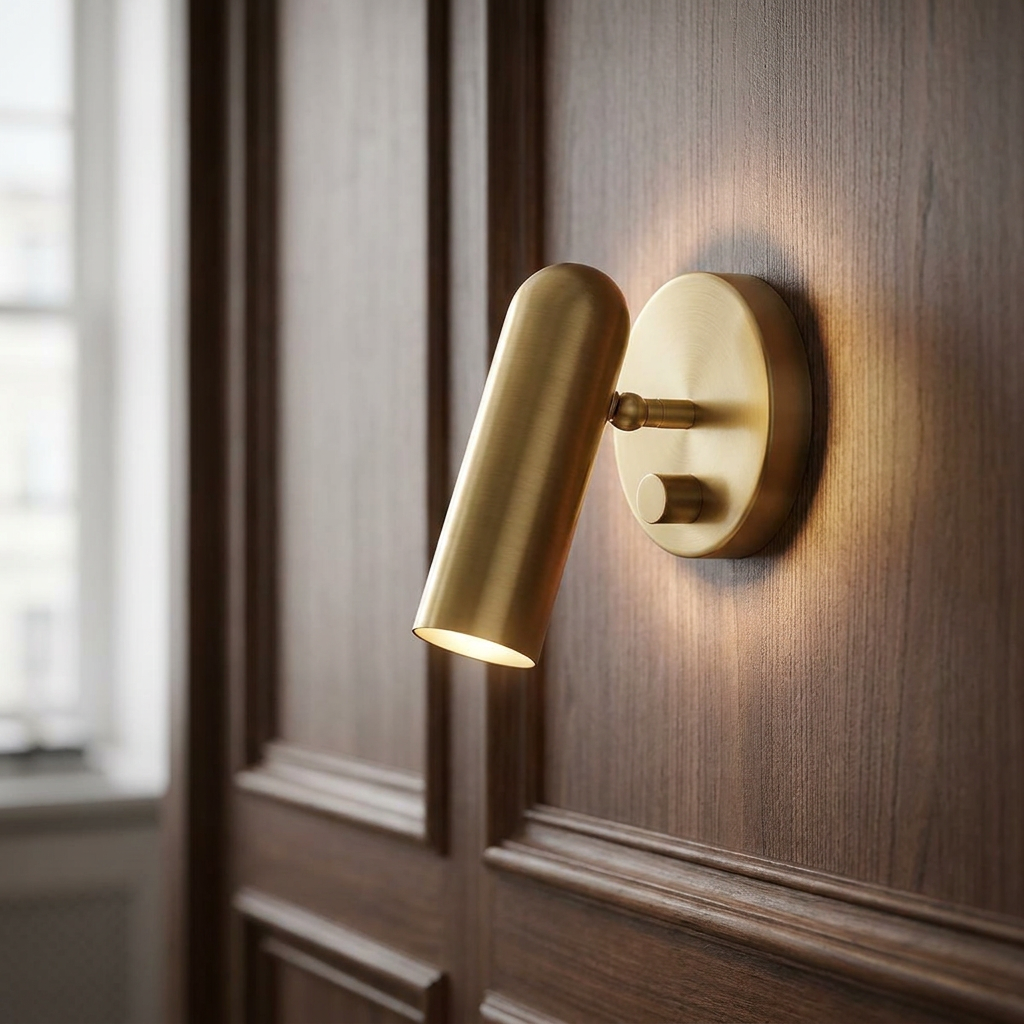 Dax brass modern LED wall light with an adjustable cylindrical shade, mounted on a dark wood panel wall.