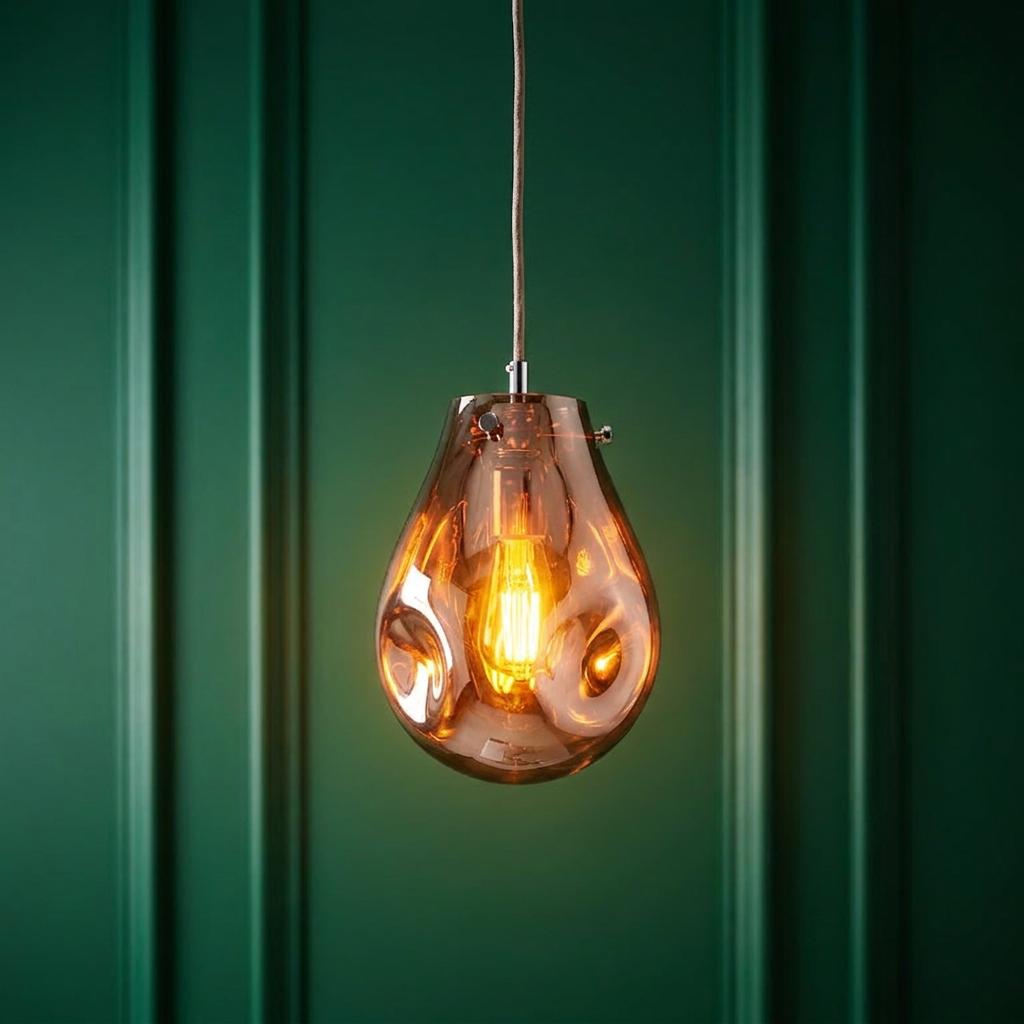 A teardrop-shaped copper metallic glass pendant light glowing against a dark green paneled wall.