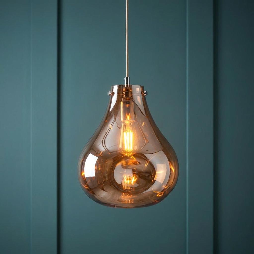 Teardrop-shaped copper glass pendant light with a glowing filament bulb against a dark teal paneled wall.