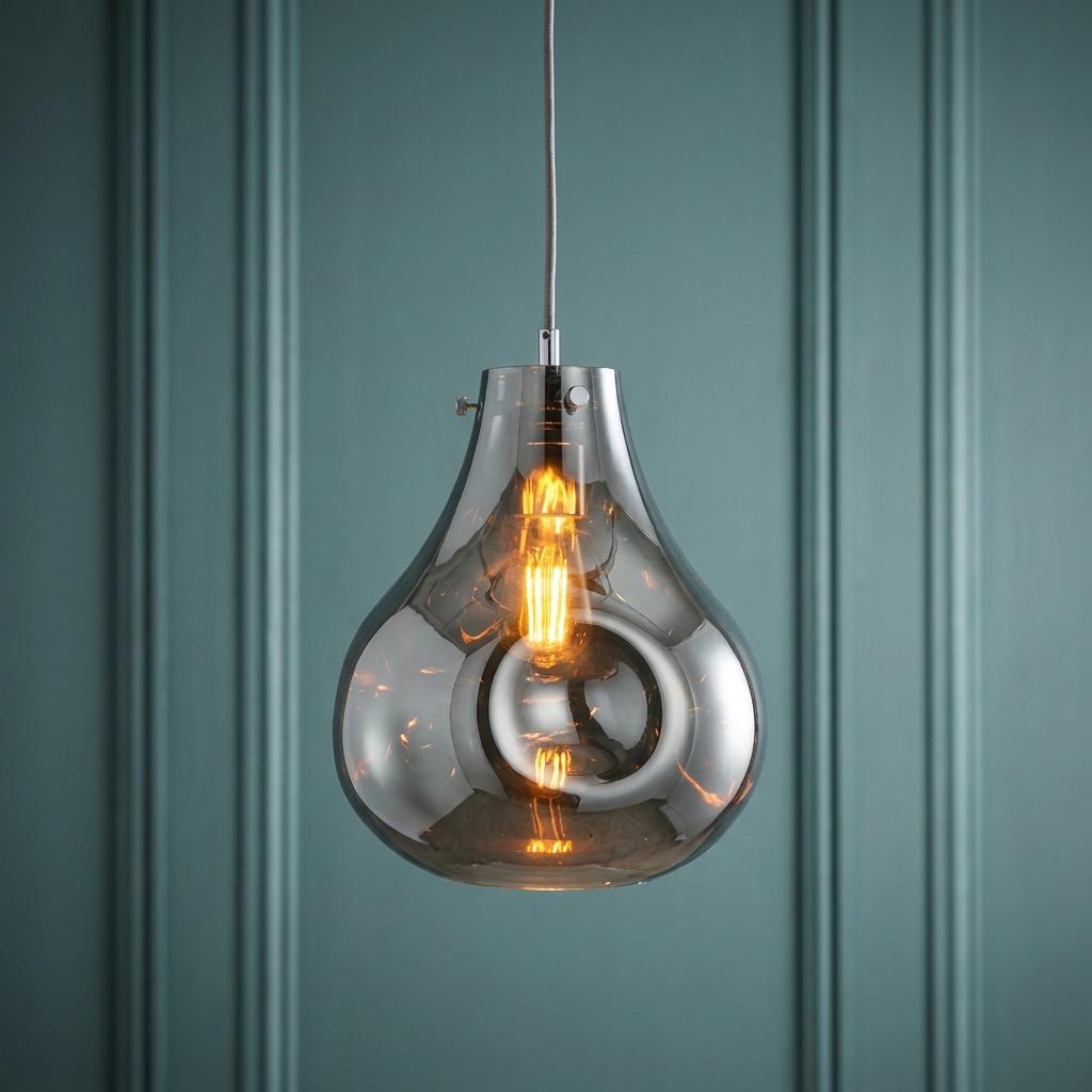 Dazzle large chrome glass pendant light with an illuminated filament bulb against a teal paneled wall.