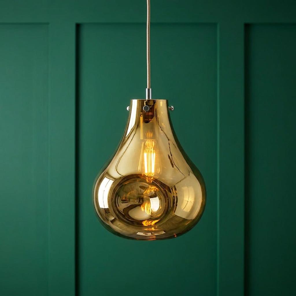 A teardrop-shaped metallic gold glass pendant light hanging against a dark green paneled wall.