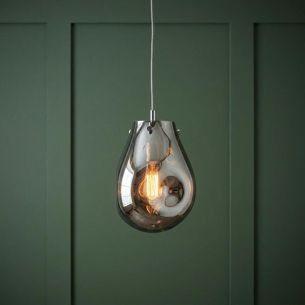 A teardrop-shaped metallic chrome glass pendant light with a warm bulb against a dark green paneled wall.