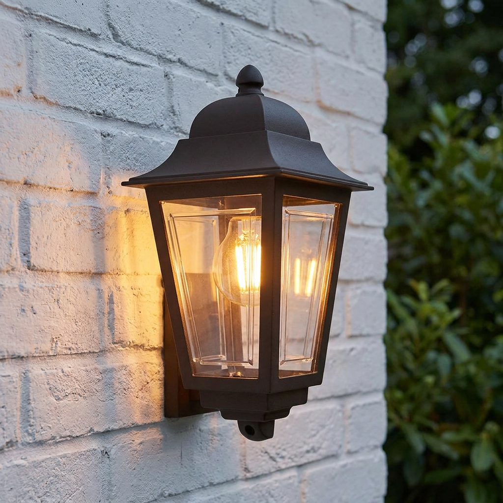 Bronze outdoor half wall lantern with clear glass panels mounted on a white brick wall, illuminated with warm light.