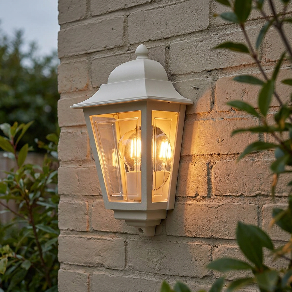 Illuminated cream outdoor half wall lantern mounted on a light brick wall.