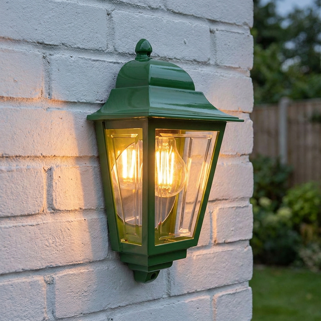 Green outdoor half wall lantern with a glowing bulb mounted on a white brick wall.