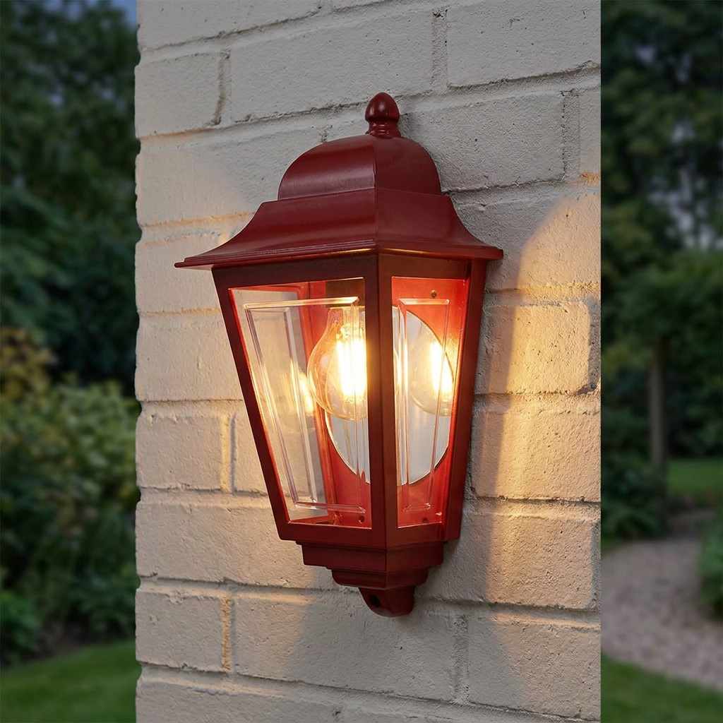 Traditional red outdoor half wall lantern with a warm glowing bulb mounted on a light brick wall.