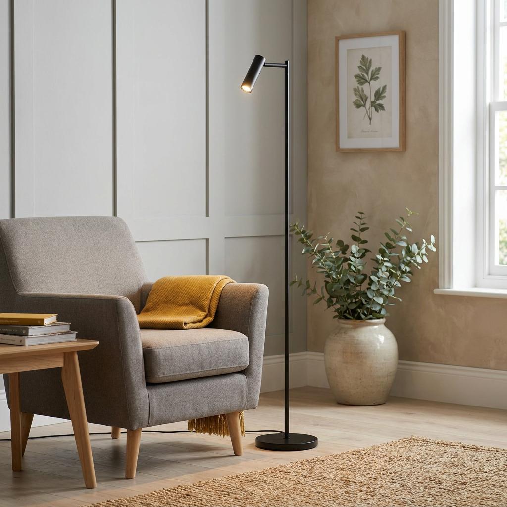 A sleek black LED floor lamp illuminates a grey armchair in a cozy living room corner.
