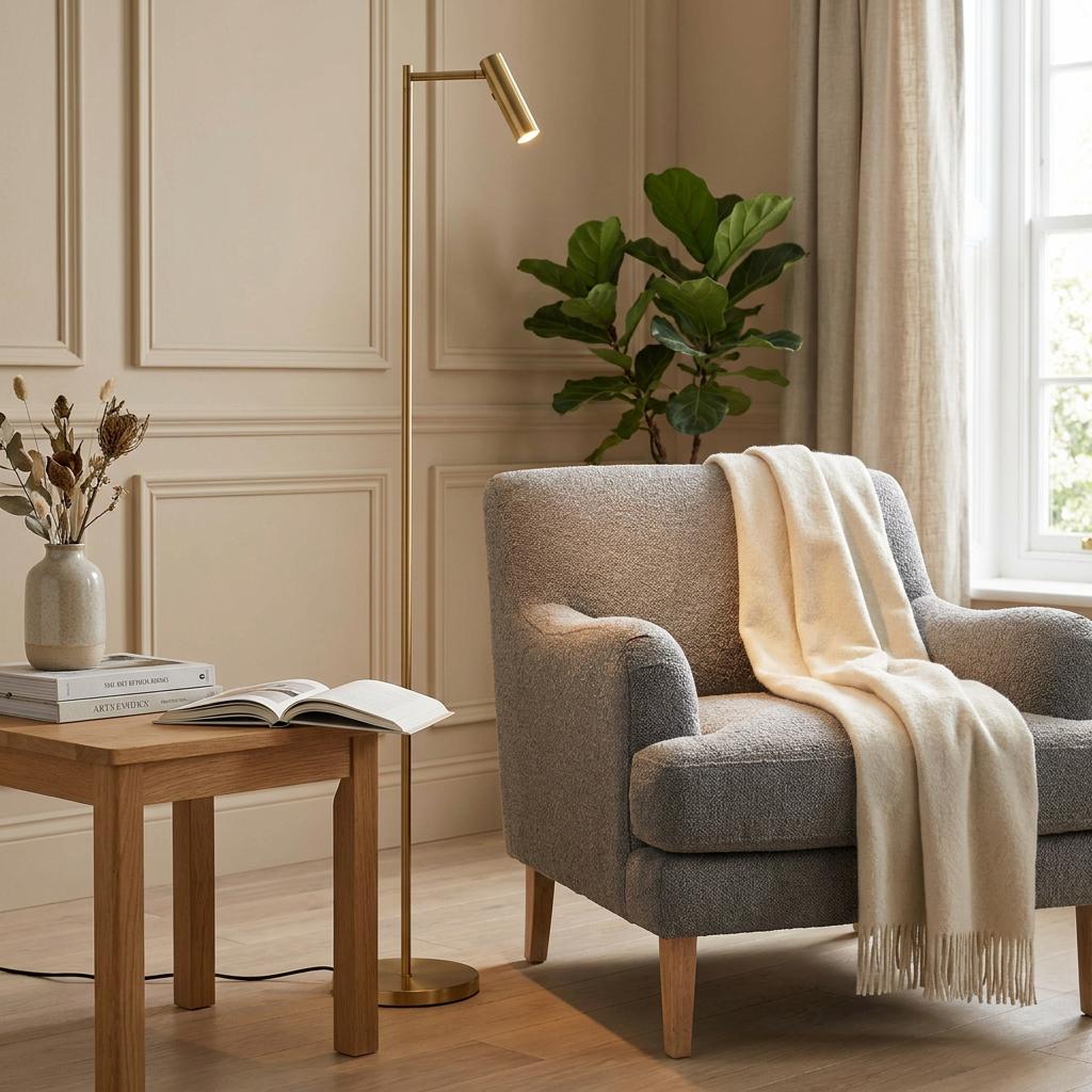 A slender brass LED floor lamp stands beside a textured grey armchair in a neutral-toned living room.