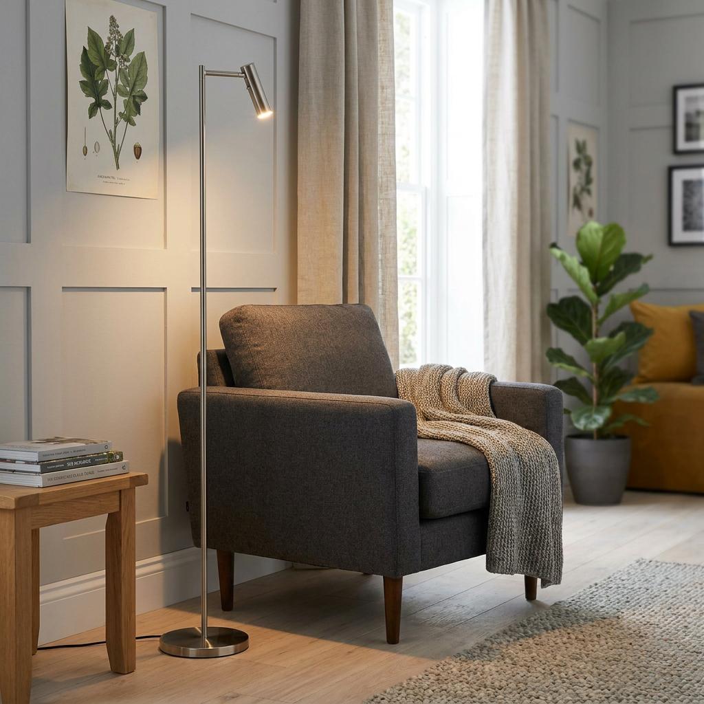 Slender nickel LED floor lamp with an adjustable head standing beside a grey armchair in a cozy living room.