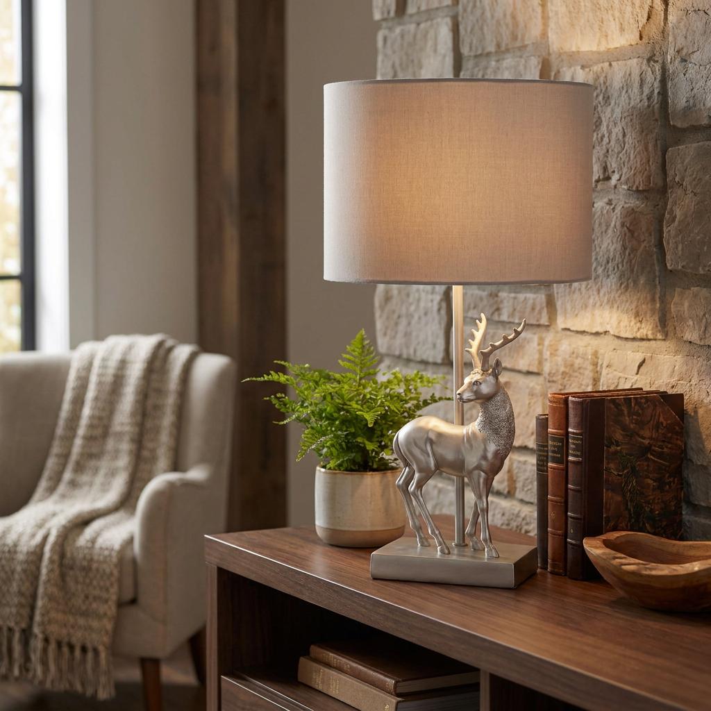 Silver deer table lamp with a grey fabric drum shade sits on a wooden sideboard against a rustic stone wall.