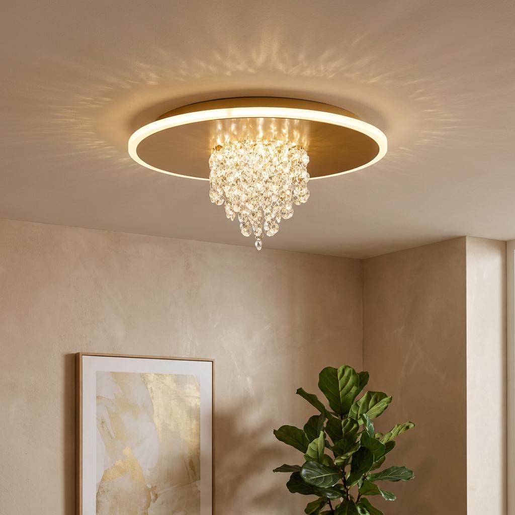 Gold flush ceiling light featuring an integrated LED ring and a cluster of central crystal droplets.