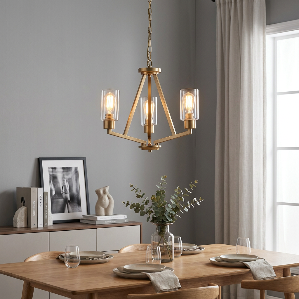 A brass 3-light chandelier with clear glass shades hangs above a set wooden dining table in a neutral room.