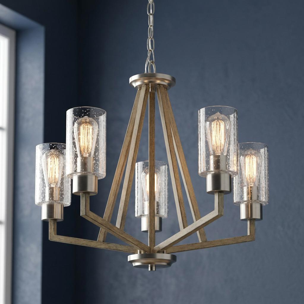 Deryn 5-light grey wood chandelier with seeded glass shades and Edison bulbs against a navy blue wall.