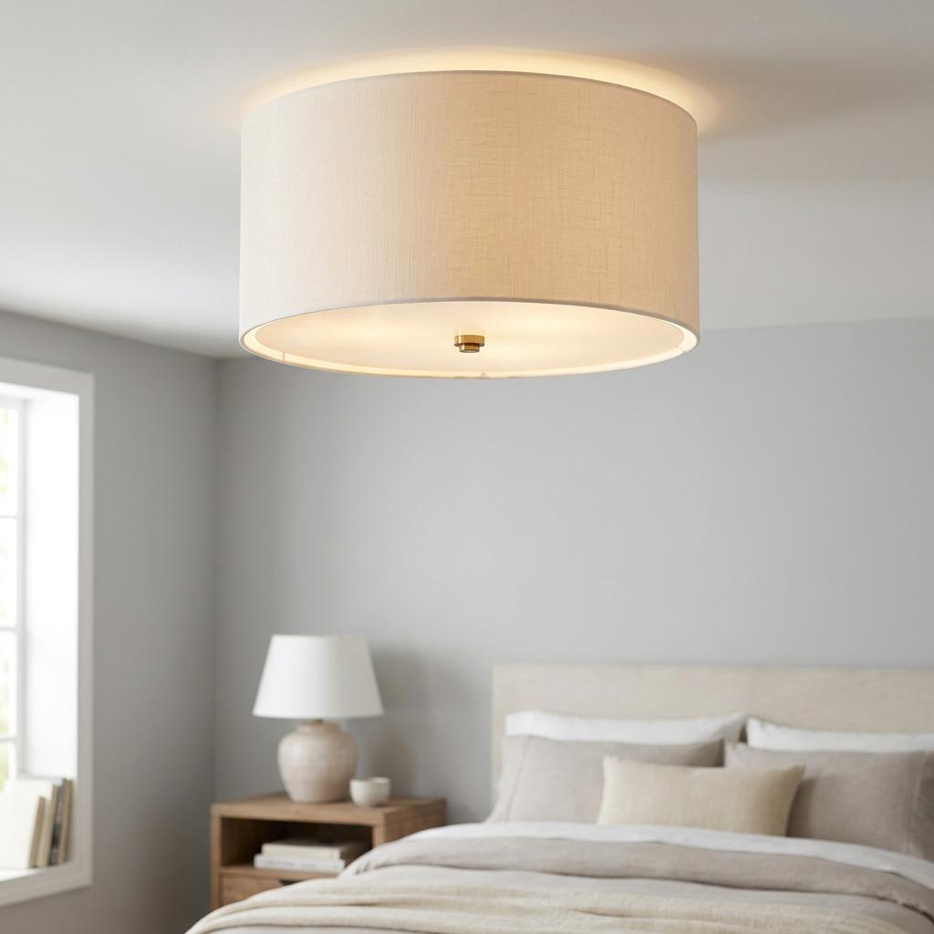 A cream drum flush mount ceiling light with a brass finial glowing in a modern neutral-toned bedroom.