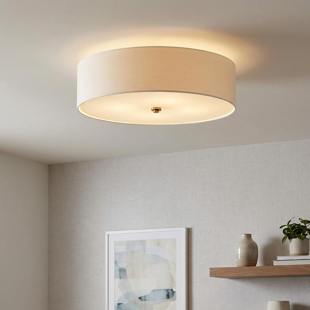 Fletcher 34" Flush Ceiling Light with a large off-white drum shade and brass finial in a neutral living space.
