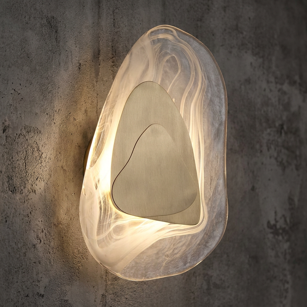 Destiny brass and marbled glass wall light with integrated LED glowing on a textured stone wall.