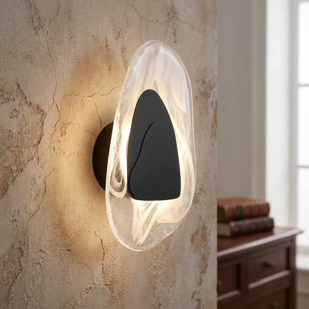 An illuminated organic-shaped wall sconce with a matte black core and clear textured glass on a plaster wall.