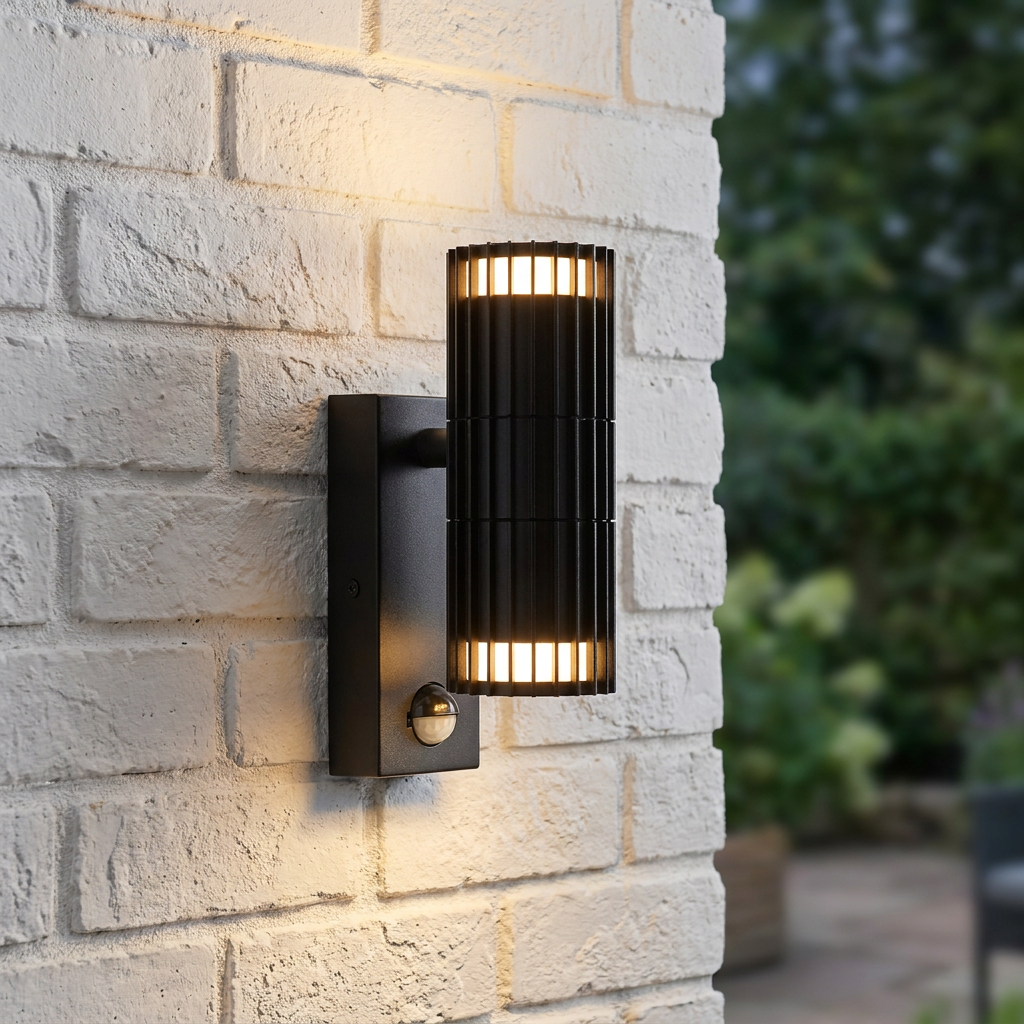 Modern black slatted up and down outdoor wall light with motion sensor mounted on a white brick wall.