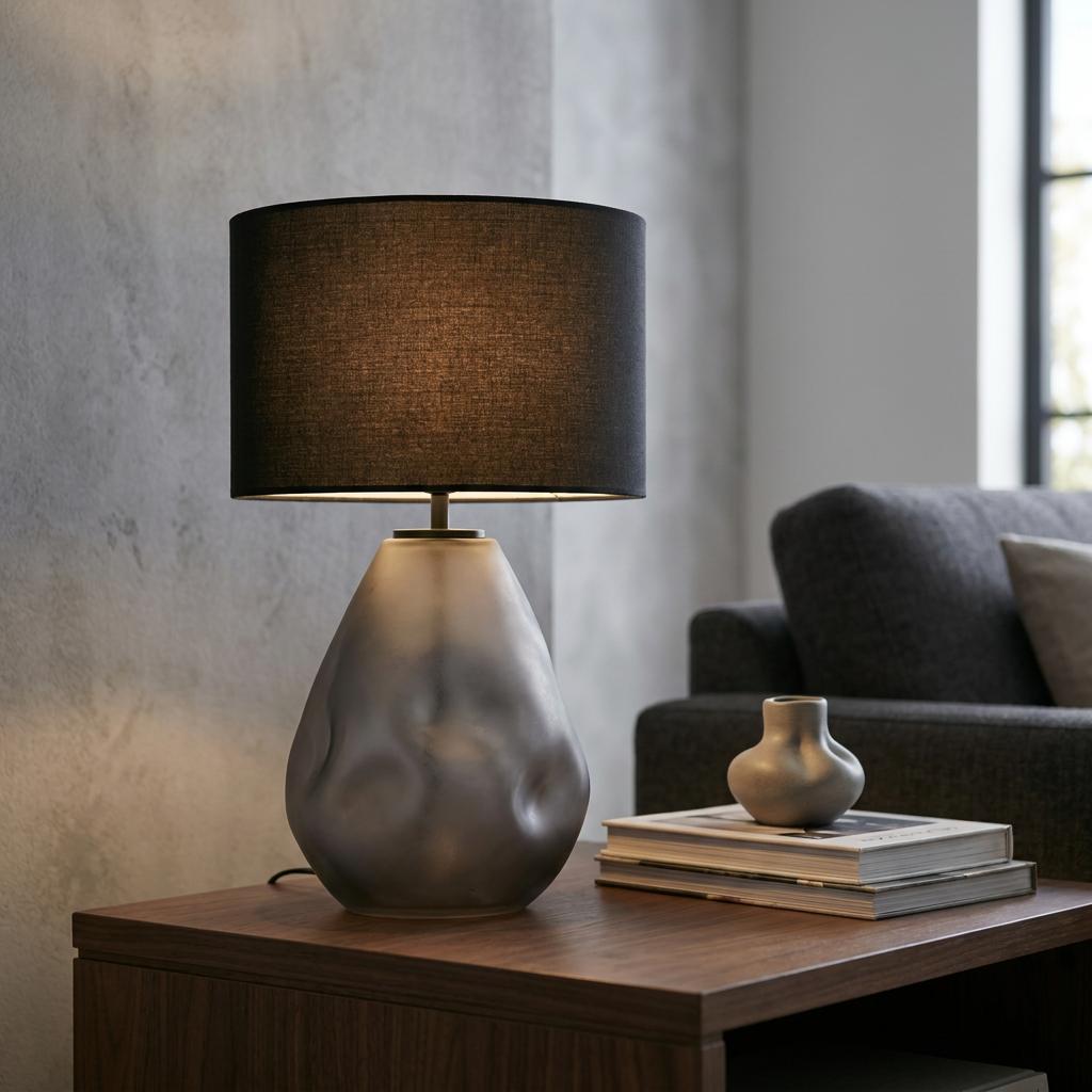 Lit table lamp with a black linen shade and textured grey base on a wooden side table.