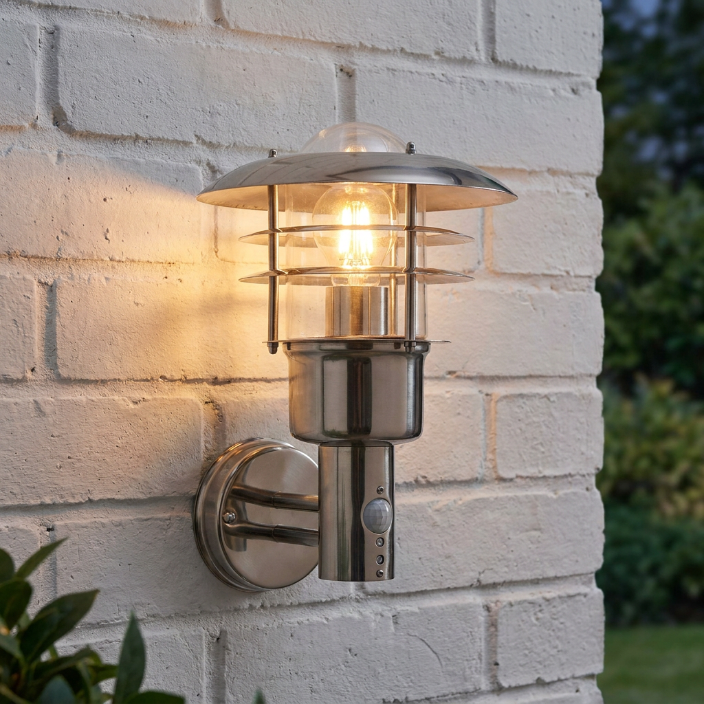 A lit stainless steel outdoor wall light with a PIR sensor, mounted on a white brick wall.
