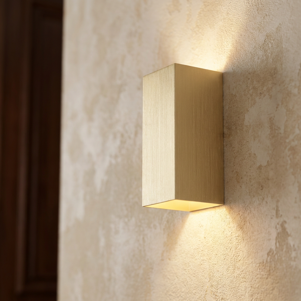 Rectangular anodised gold wall light casting warm up and down light on a textured beige wall.