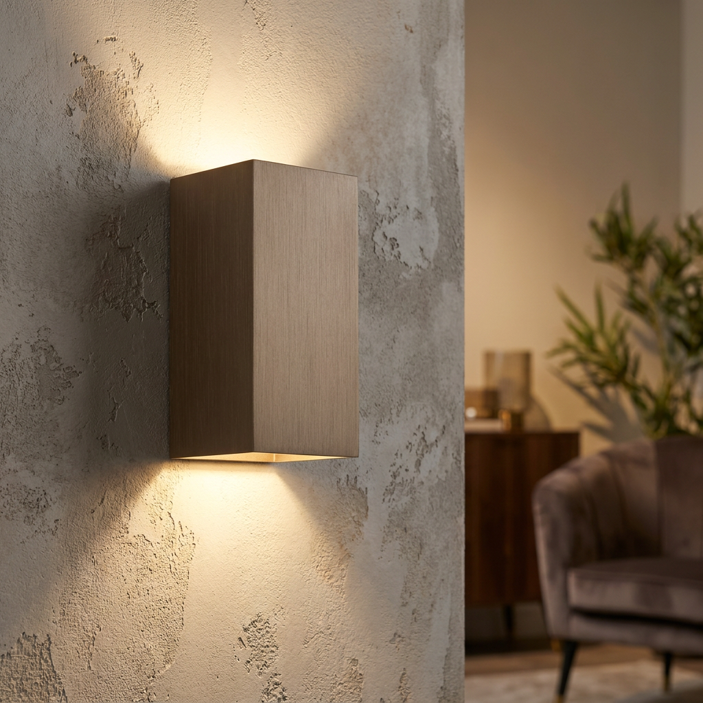 Contemporary rectangular wall light in a latte finish mounted on a textured wall, projecting light up and down.