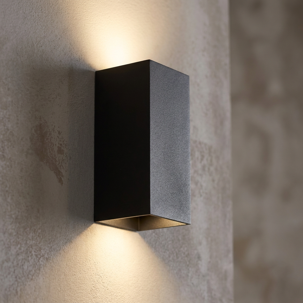 A rectangular sand black wall light mounted on a textured wall, emitting light in an up-and-down pattern.
