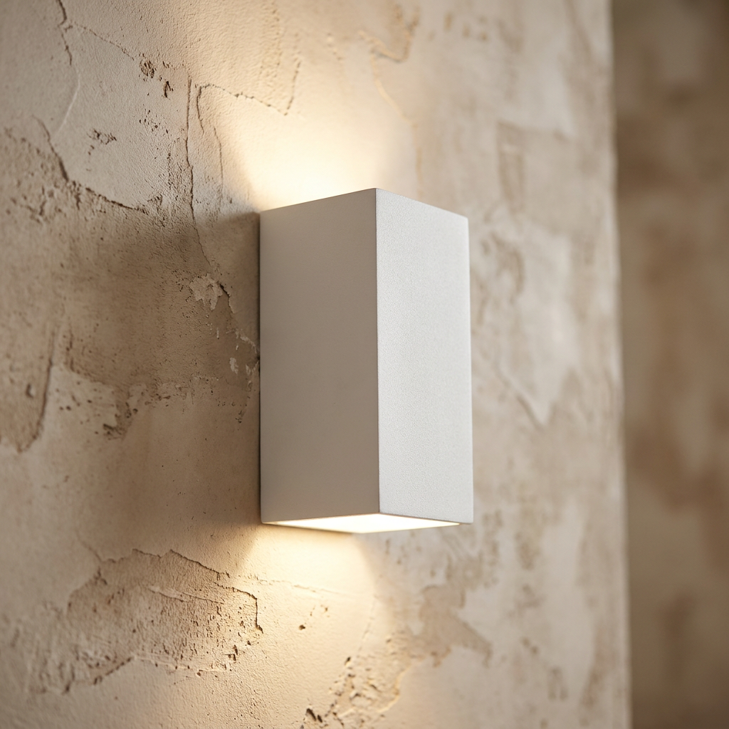Rectangular sand white wall light emitting up and down light against a rustic, textured plaster wall.