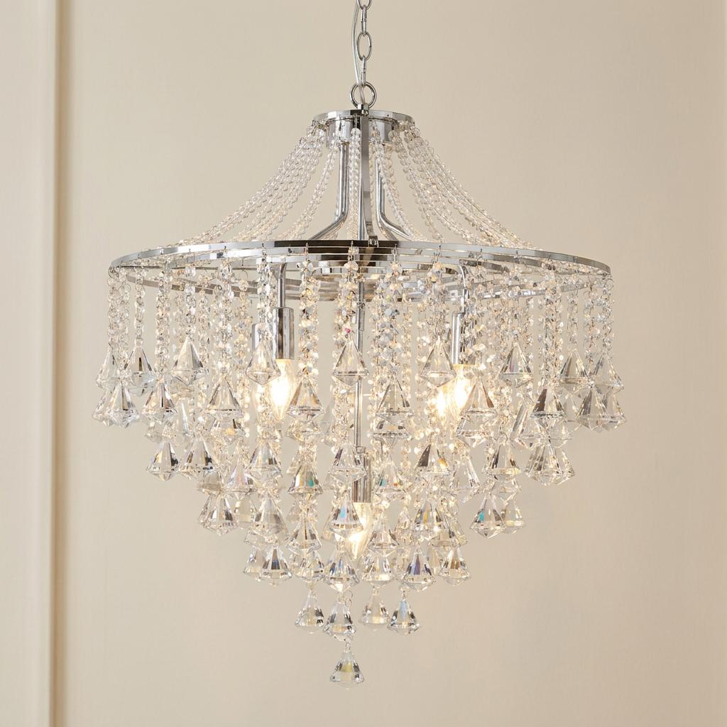 Dorchester 5 light chrome pendant with cascading crystal droplets hanging from a tiered circular frame.