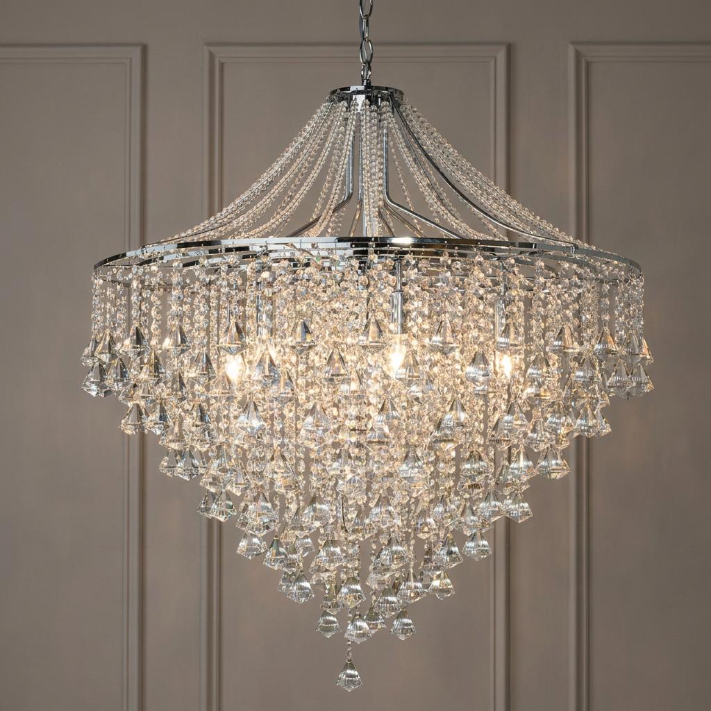 Ornate chrome chandelier with seven lights and cascading crystal droplets against a neutral paneled wall.