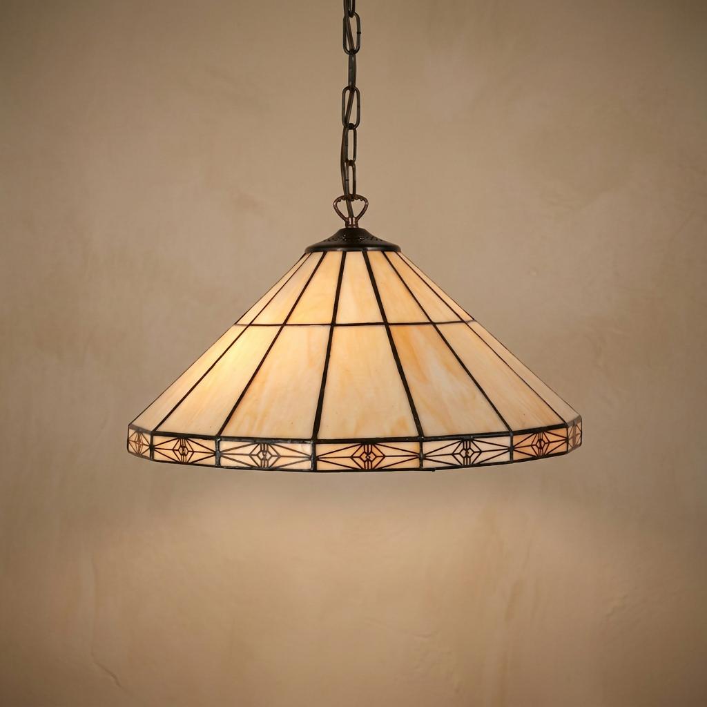 Dorchester Large Tiffany Ceiling Light with a geometric cream Art Deco stained glass shade hanging from a chain.