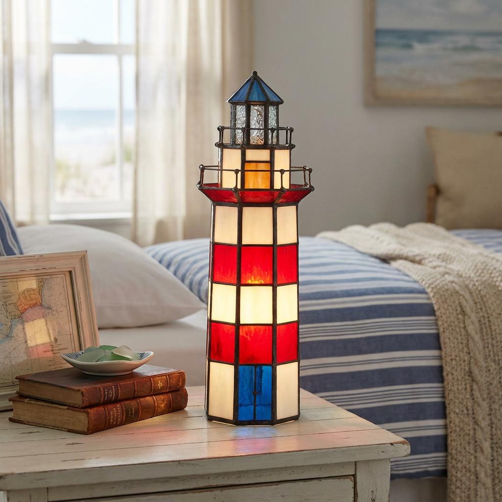 Glowing red, white, and blue stained glass lighthouse table lamp on a rustic bedside table in a nautical room.