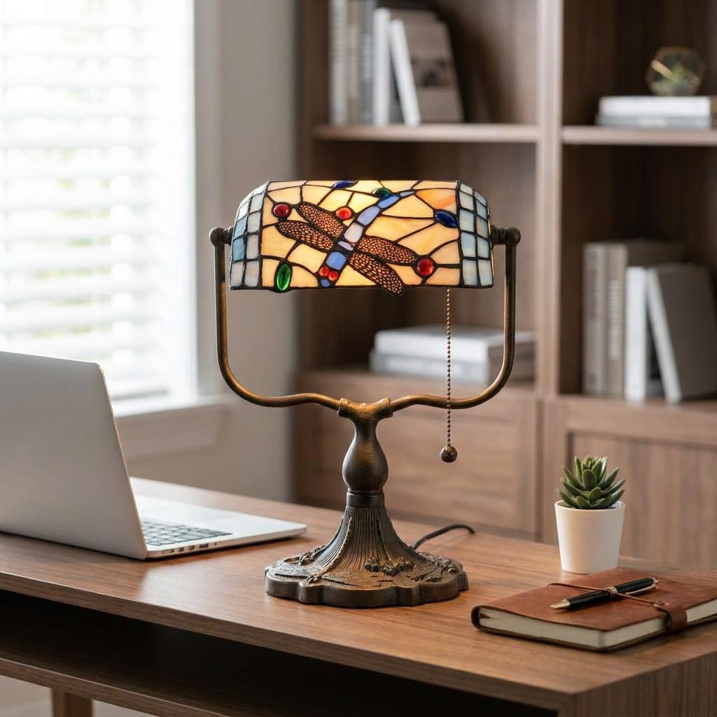 Dragonfly Tiffany banker's lamp with stained glass shade on a wooden desk in a home office setting.