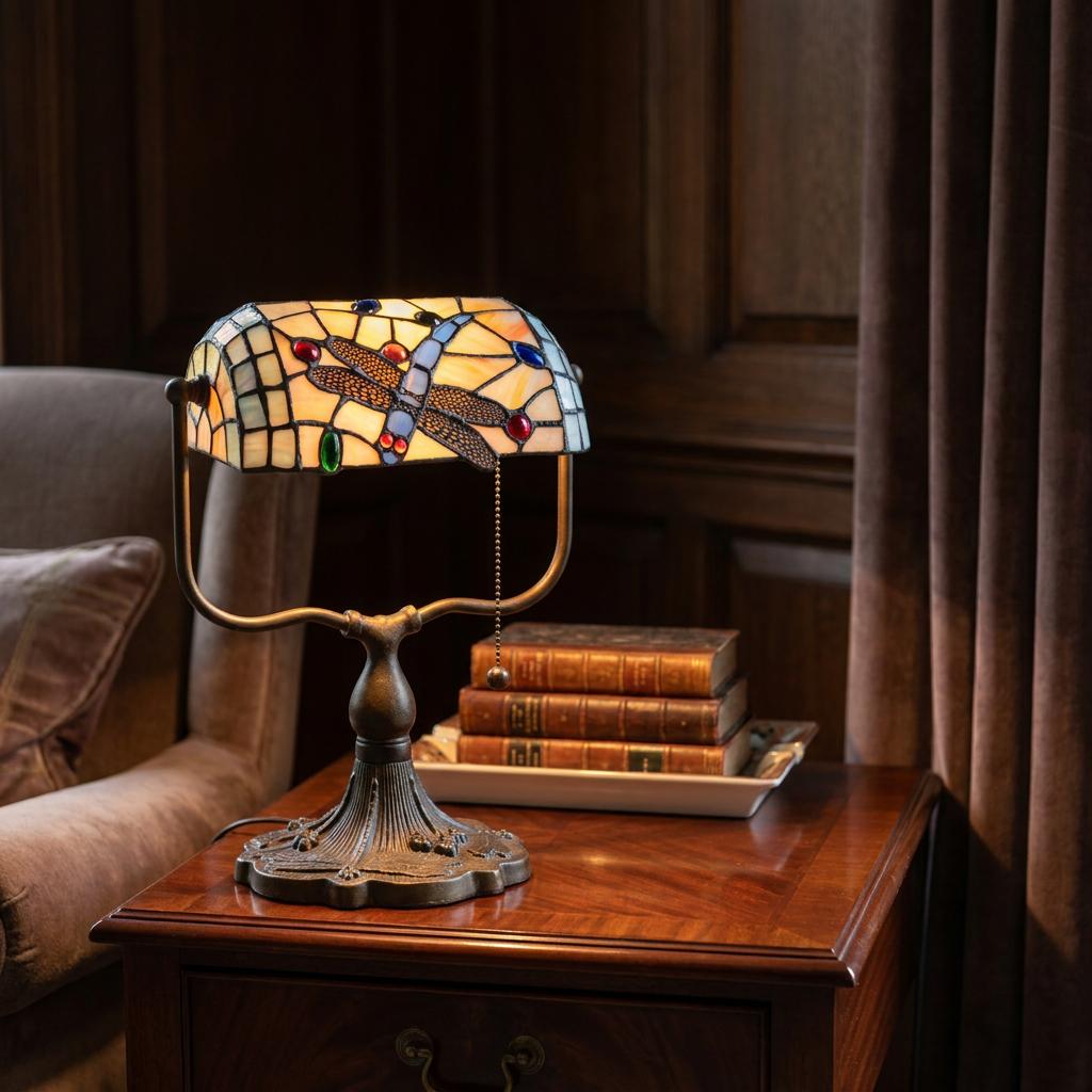 Dragonfly Tiffany bankers lamp with a stained glass shade on a wooden side table next to a stack of books.