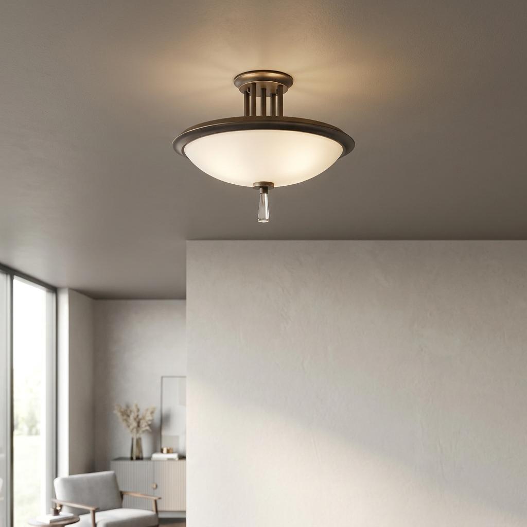 Bronze semi-flush ceiling light with a frosted glass bowl shade and crystal finial, illuminated in a neutral room.