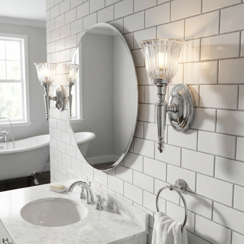 Polished chrome wall light with a ribbed cloche shade on white subway tiles in a modern bathroom setting.