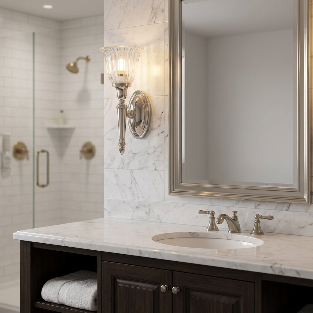 Dryden polished nickel wall sconce with a ribbed glass shade on a marble bathroom wall beside a silver-framed mirror.