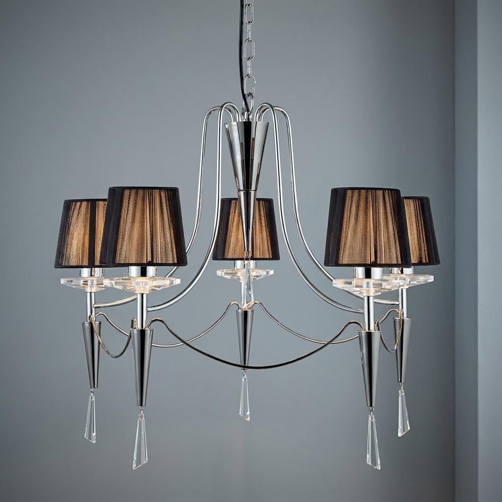 Five-light chrome chandelier featuring black string shades and elegant crystal droplets against a grey background.