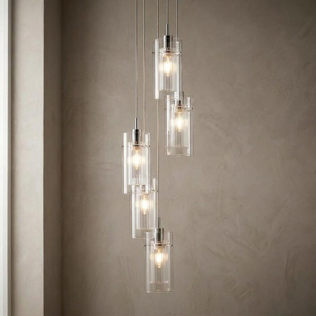 Duo I chrome 5-light pendant with double glass cylinder shades hanging at staggered heights against a textured wall.