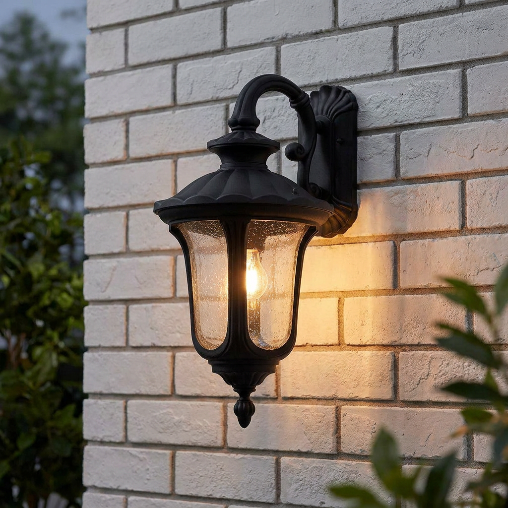 Elstead Chicago outdoor wall lantern with black finish and seeded glass, lit on a white brick wall.