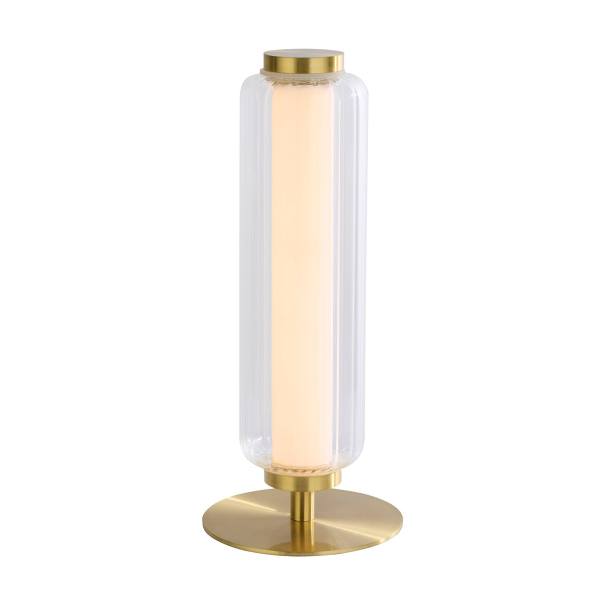 Mod table lamp lit in satin brass with an opal LED tube inside a ribbed clear glass shade