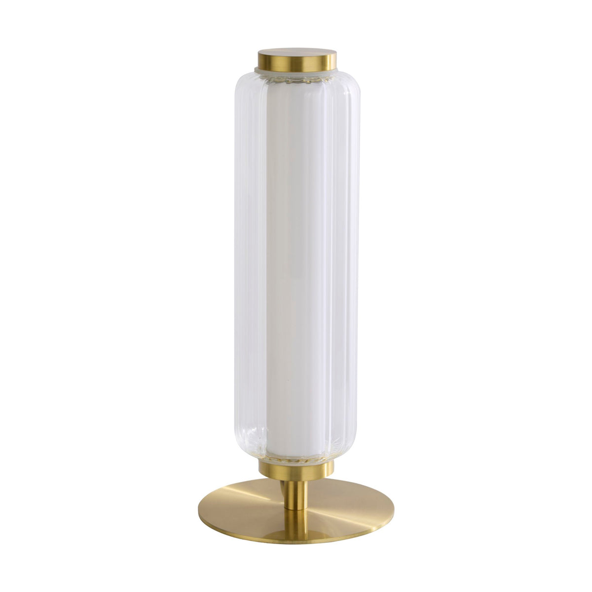 Mod satin brass table lamp unlit on white with ribbed clear glass cylinder and disc base