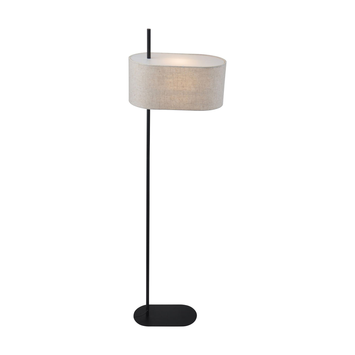 Hessian floor lamp lit with a natural linen oval shade on a matt black stem