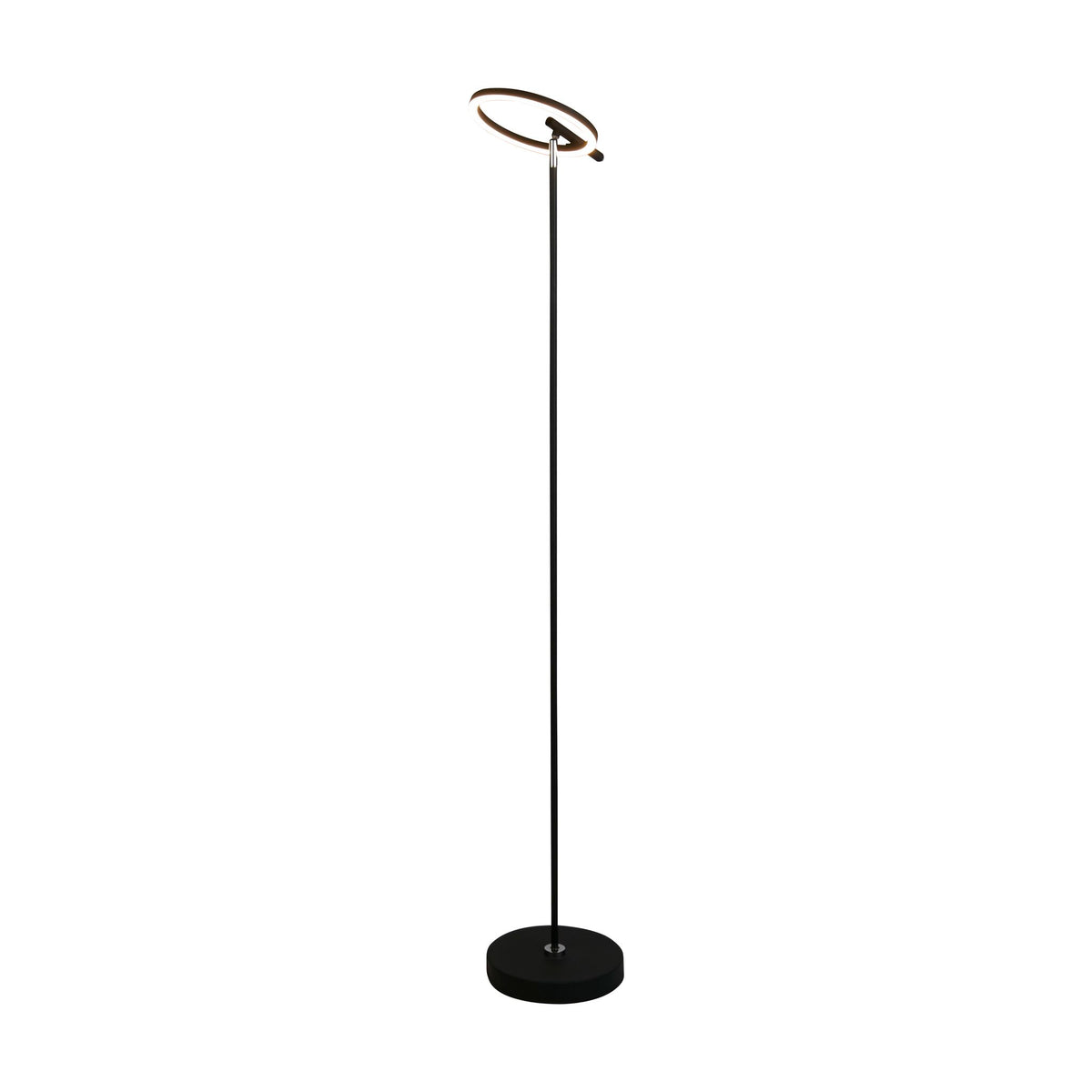 Space floor lamp lit as a glowing LED ring on a matt black stem and round base