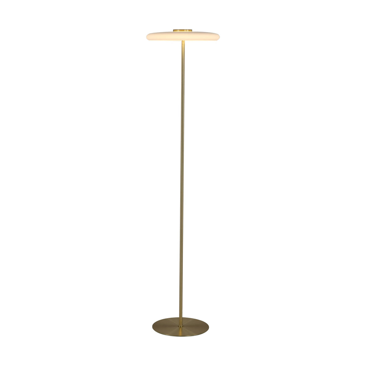 Record satin brass floor lamp lit with a flat opal disc diffuser on a slim stem