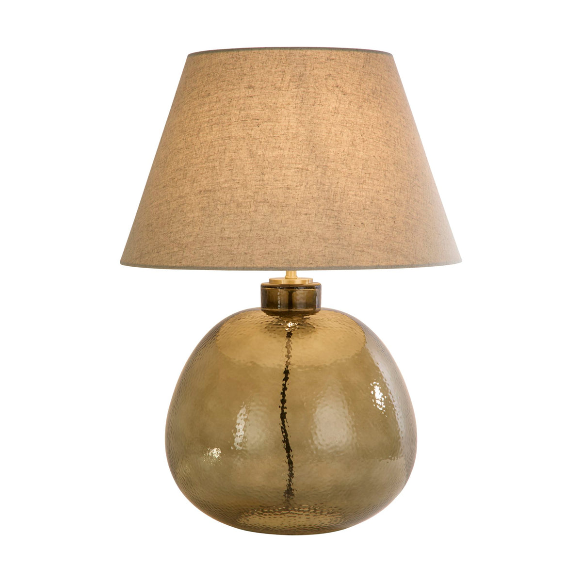 Zenith green glass table lamp lit with a hammered olive glass globe and natural linen shade