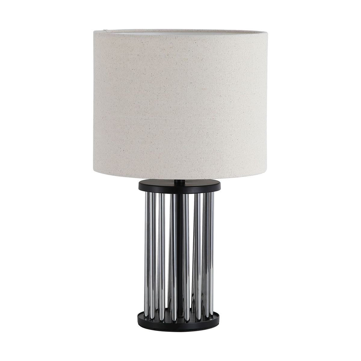 Swizzle matt black and smoked glass table lamp unlit with white shade on a white background