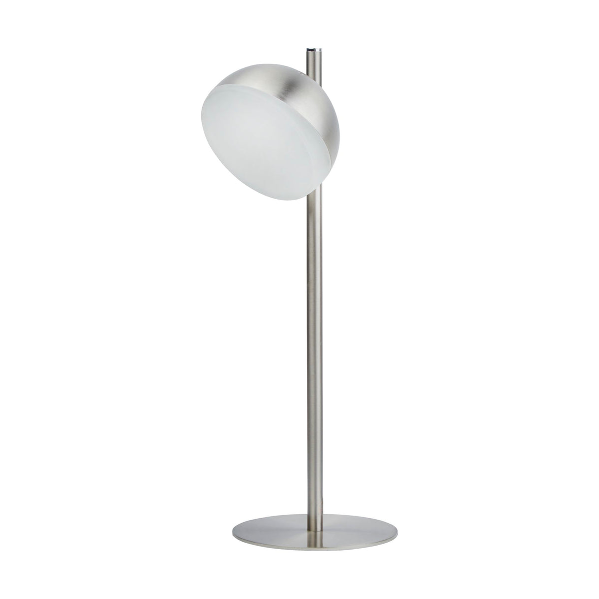 Tully satin silver LED table lamp switched off with domed opal head on a white studio background